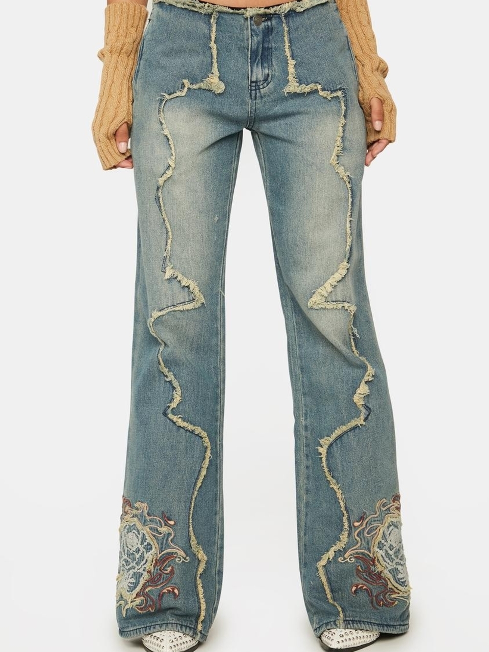 Jaded London Crimson Rose Y2k Inspired Embroidered Flare Jeans NWT